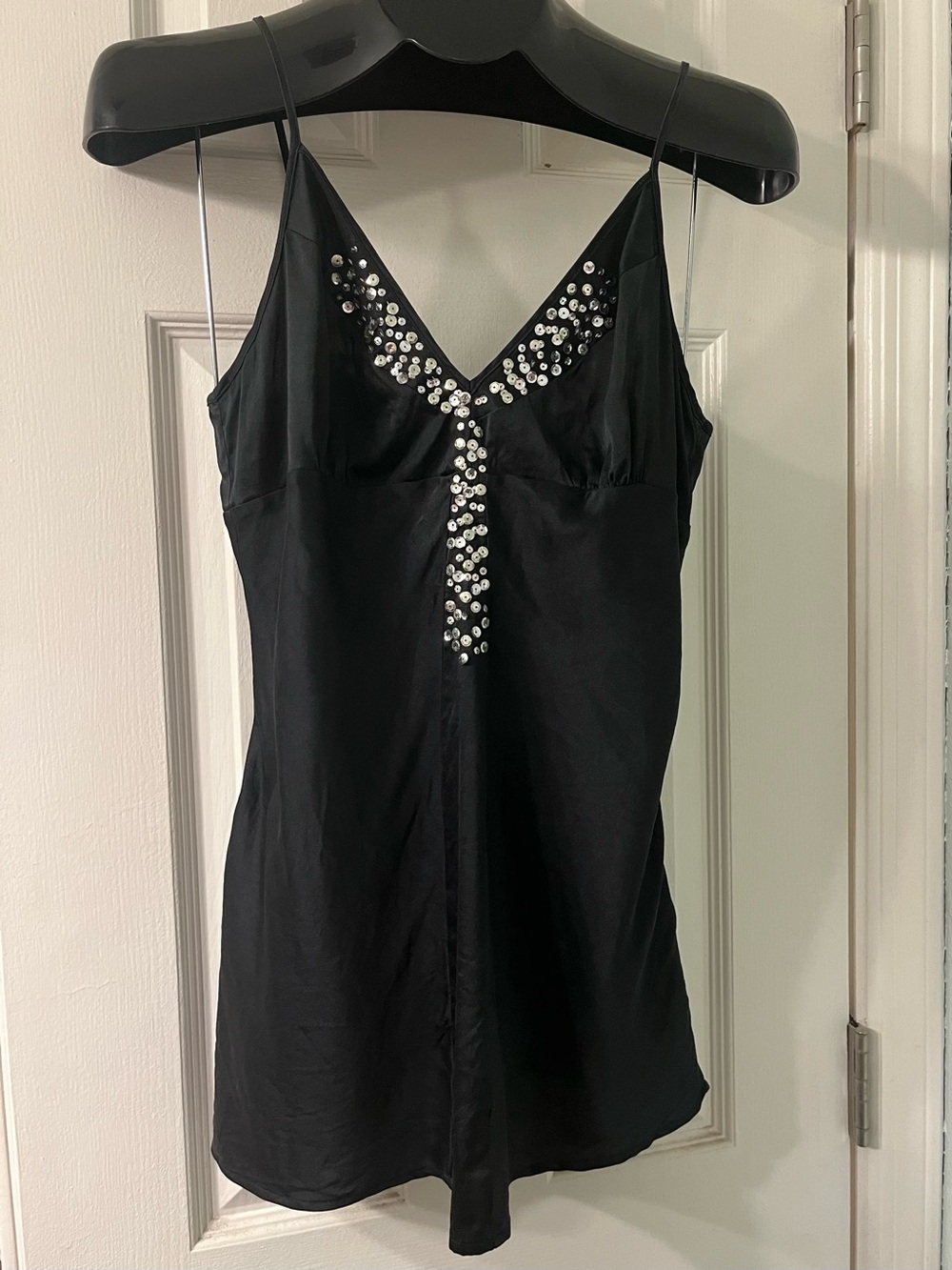 Y2K Vintage Express Black Silk with Silver Sequin embellished V-Neck cami size M